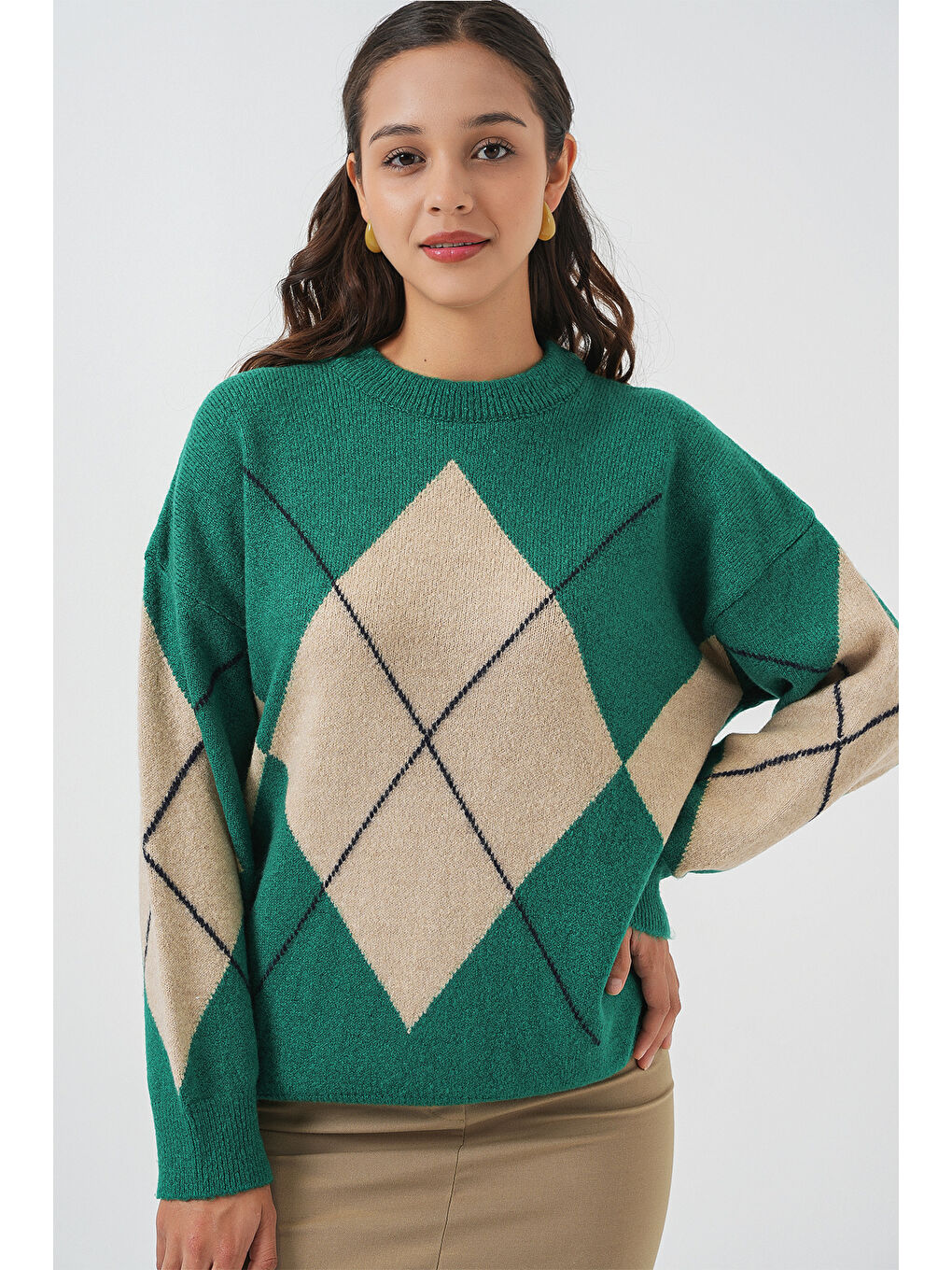 Yeşil 15895 Baklava Desenli Oversize Triko Kazak - Y.Zümrüt