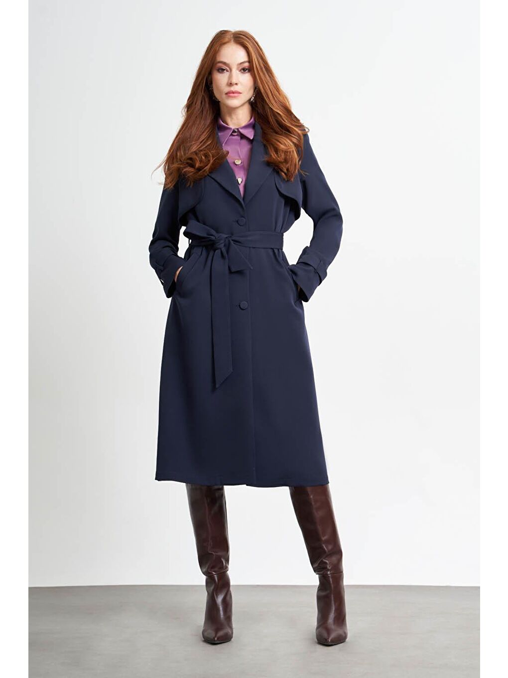 Basic Double Lacivert Trençkot