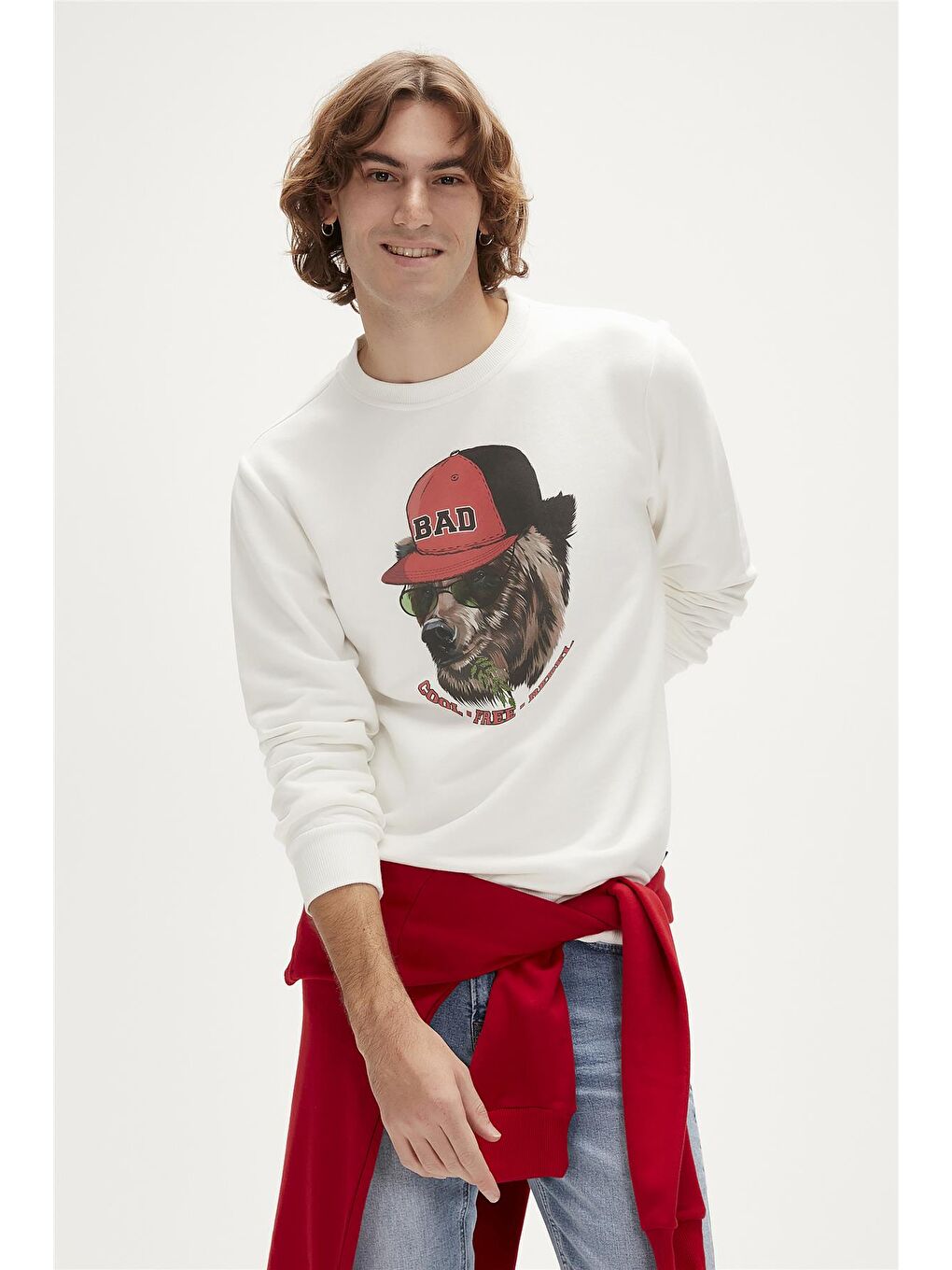 Bad Bear Rebel Crewneck Off-White Beyaz  Baskılı Erkek Sweatshirt