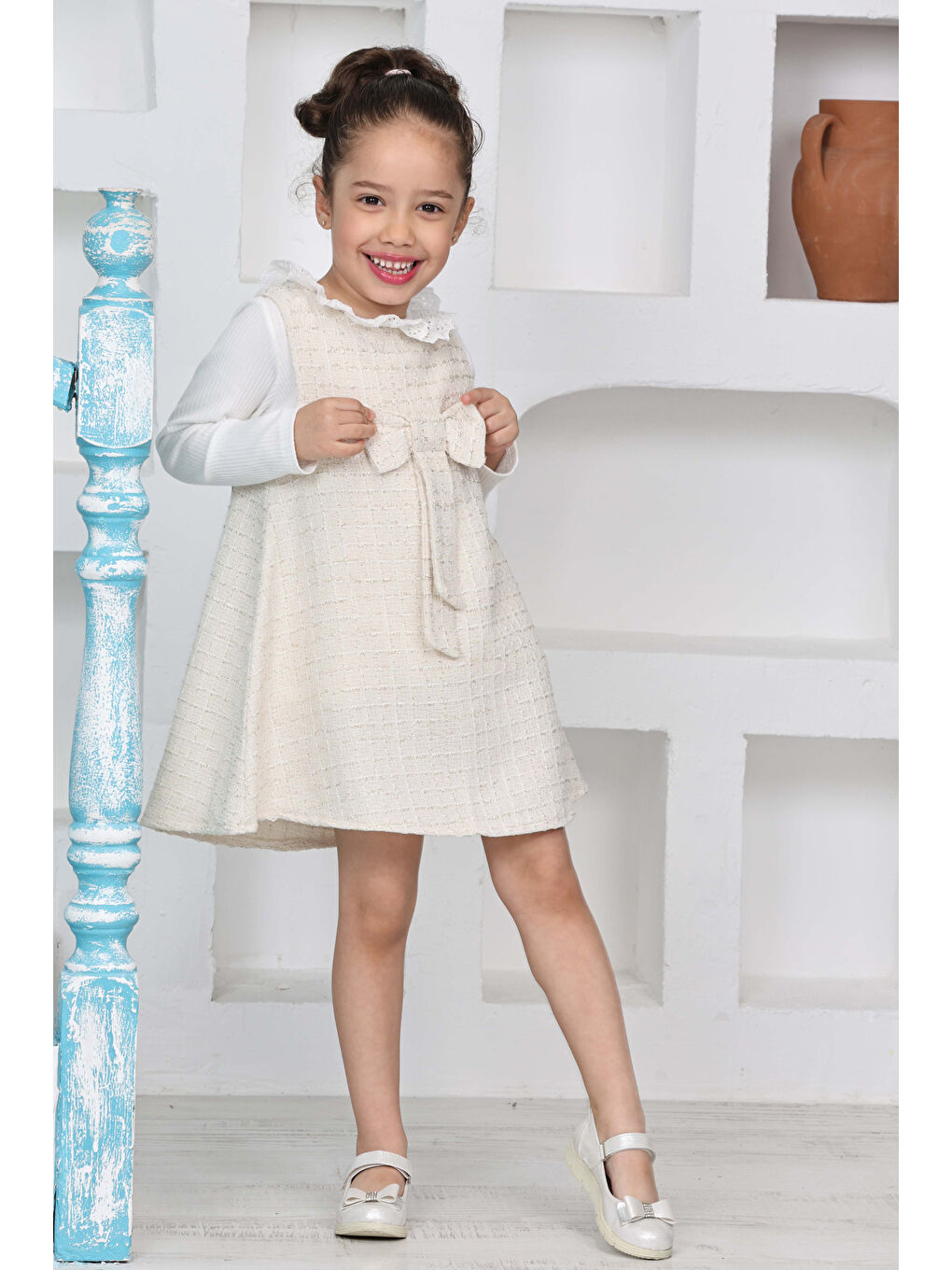 Beyaz Kız Çocuk Şanel Kumaş 2'li Elbise (Elbise+Bady Bluz)12174