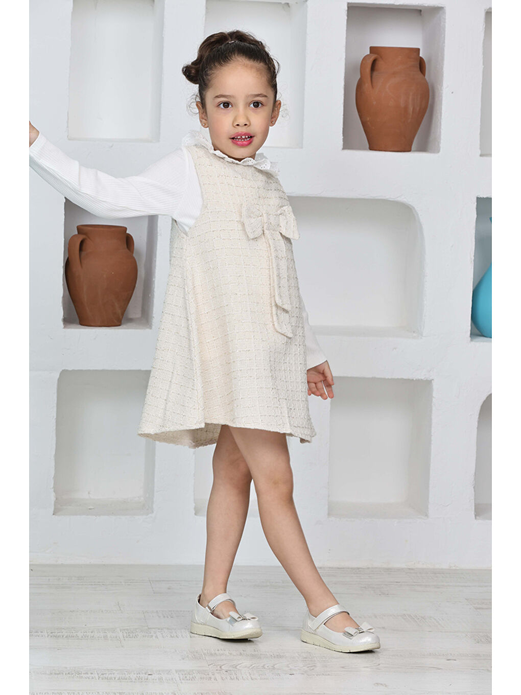 Beyaz Kız Çocuk Şanel Kumaş 2'li Elbise (Elbise+Bady Bluz)12174-2