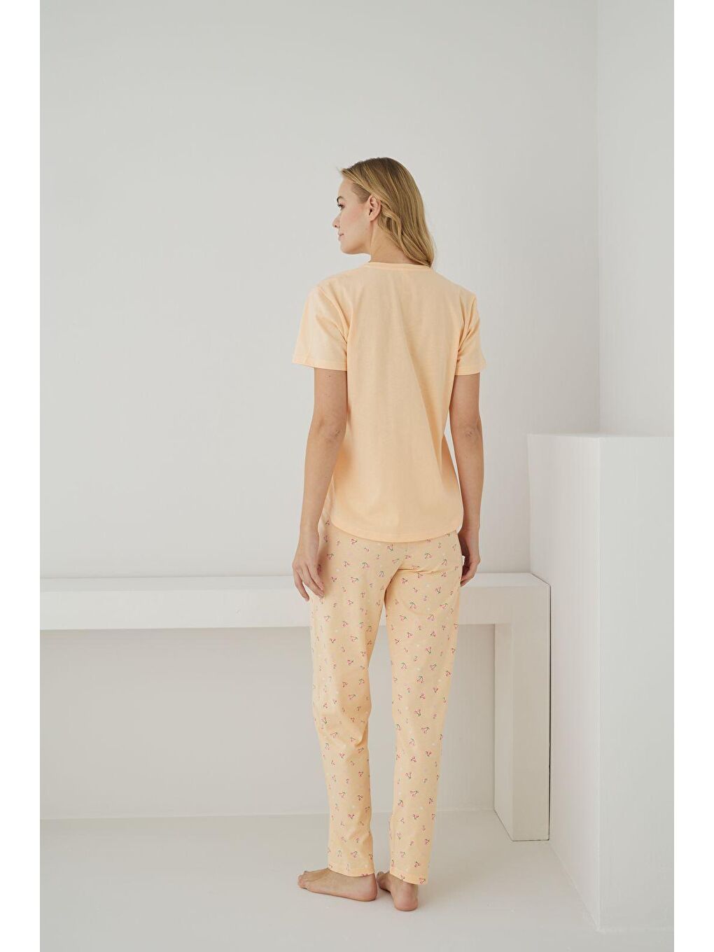Turuncu Kadın %100 Organik PamukYavru Ağzı Kiraz Desenli Kısa Kollu Doğal Pijama Takımı-2