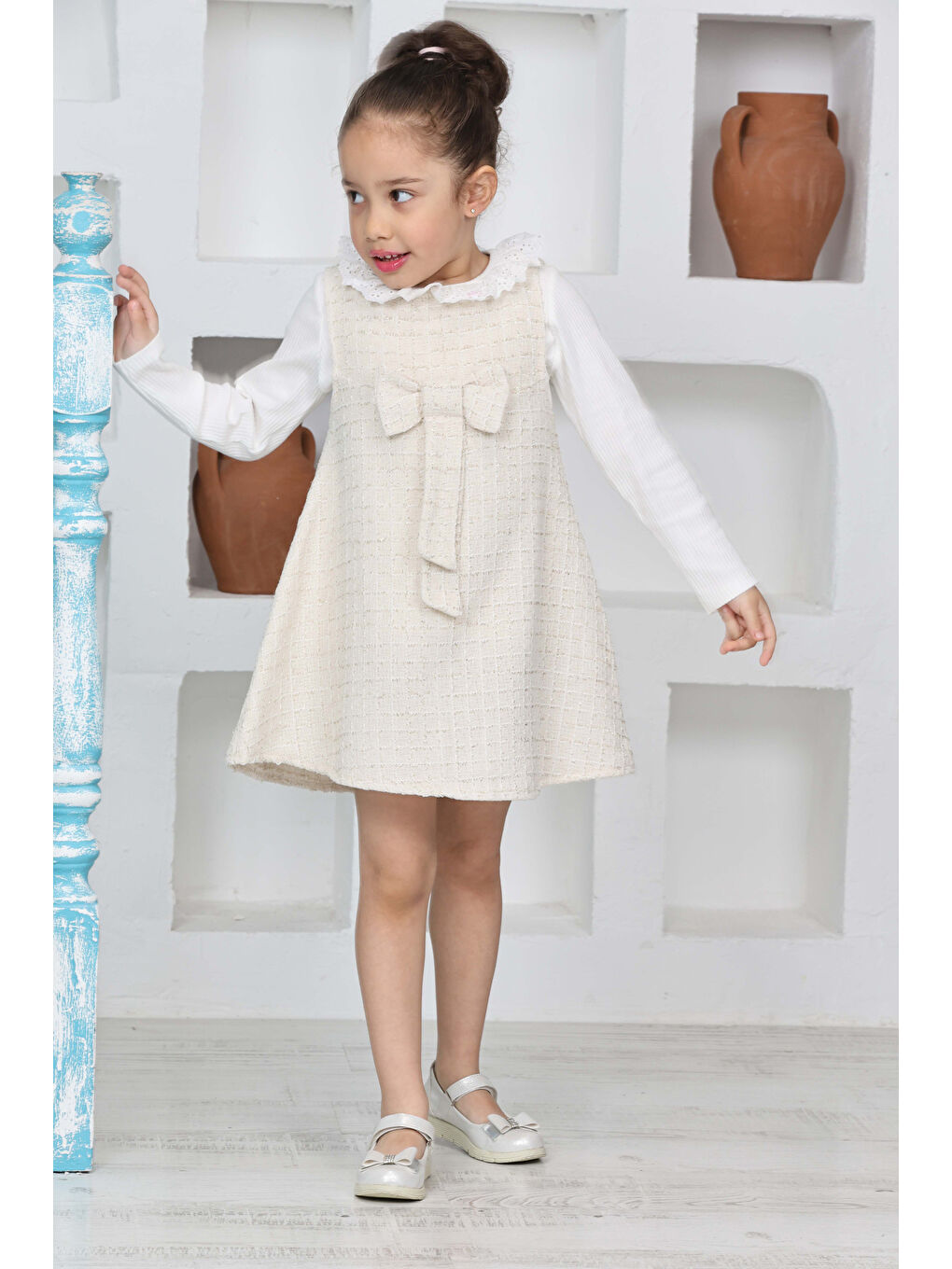 Beyaz Kız Çocuk Şanel Kumaş 2'li Elbise (Elbise+Bady Bluz)12174-3