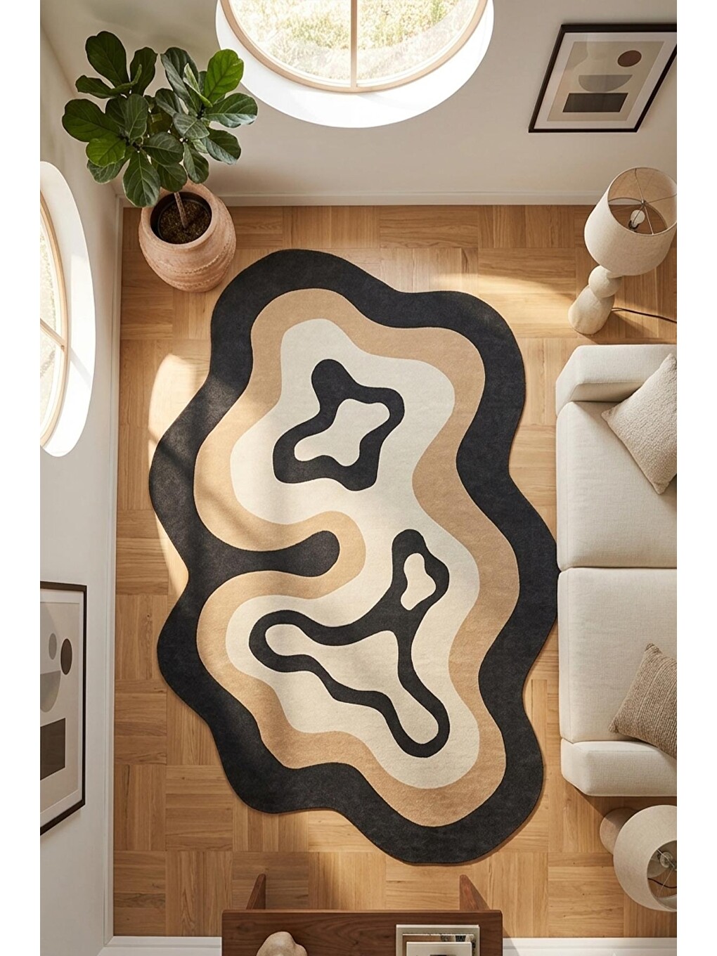 Siyah Modern Dekoratif Halı – Makinada Yıkanabilir, Kaymaz Taban, İnce Lazer Kesim Halı-2