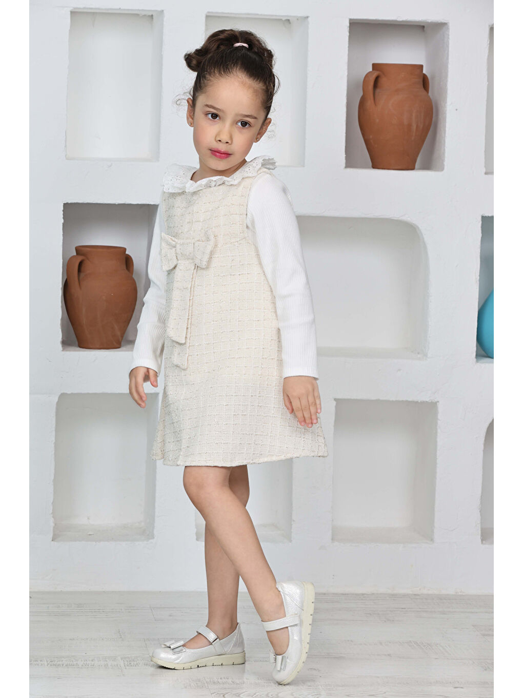 Beyaz Kız Çocuk Şanel Kumaş 2'li Elbise (Elbise+Bady Bluz)12174-4