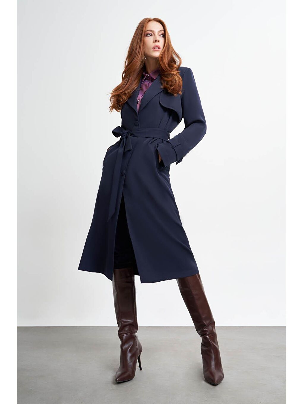 Basic Double Lacivert Trençkot-1