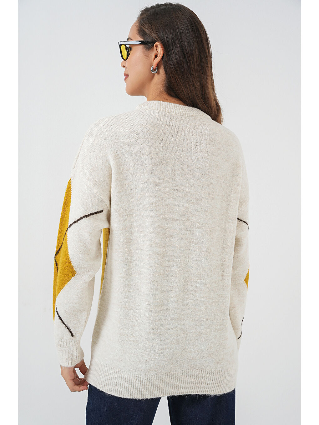 15895 Baklava Desenli Oversize Triko Kazak - A.Ekru-5