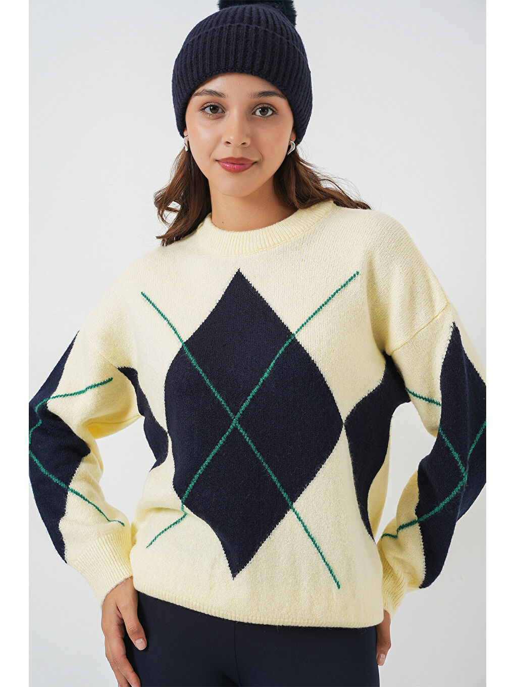 15895 Baklava Desenli Oversize Triko Kazak - B.Sarı-3