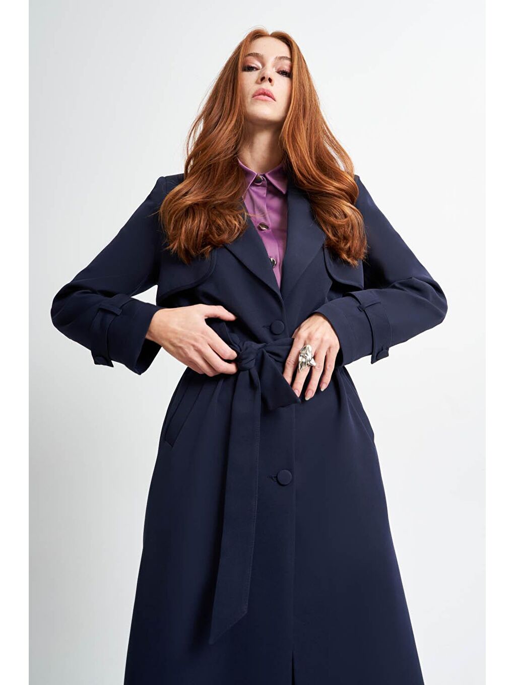 Basic Double Lacivert Trençkot-2