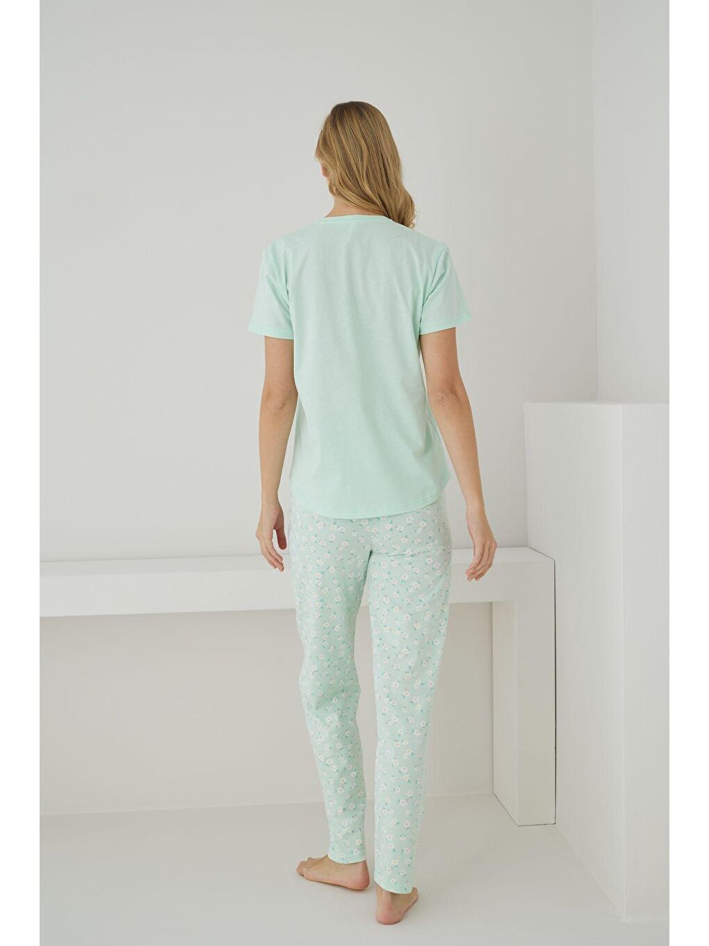 Yeşil Kadın %100 Organik Pamuk Mint Çiçek Desenli Kısa Kollu Doğal Pijama Takımı-2
