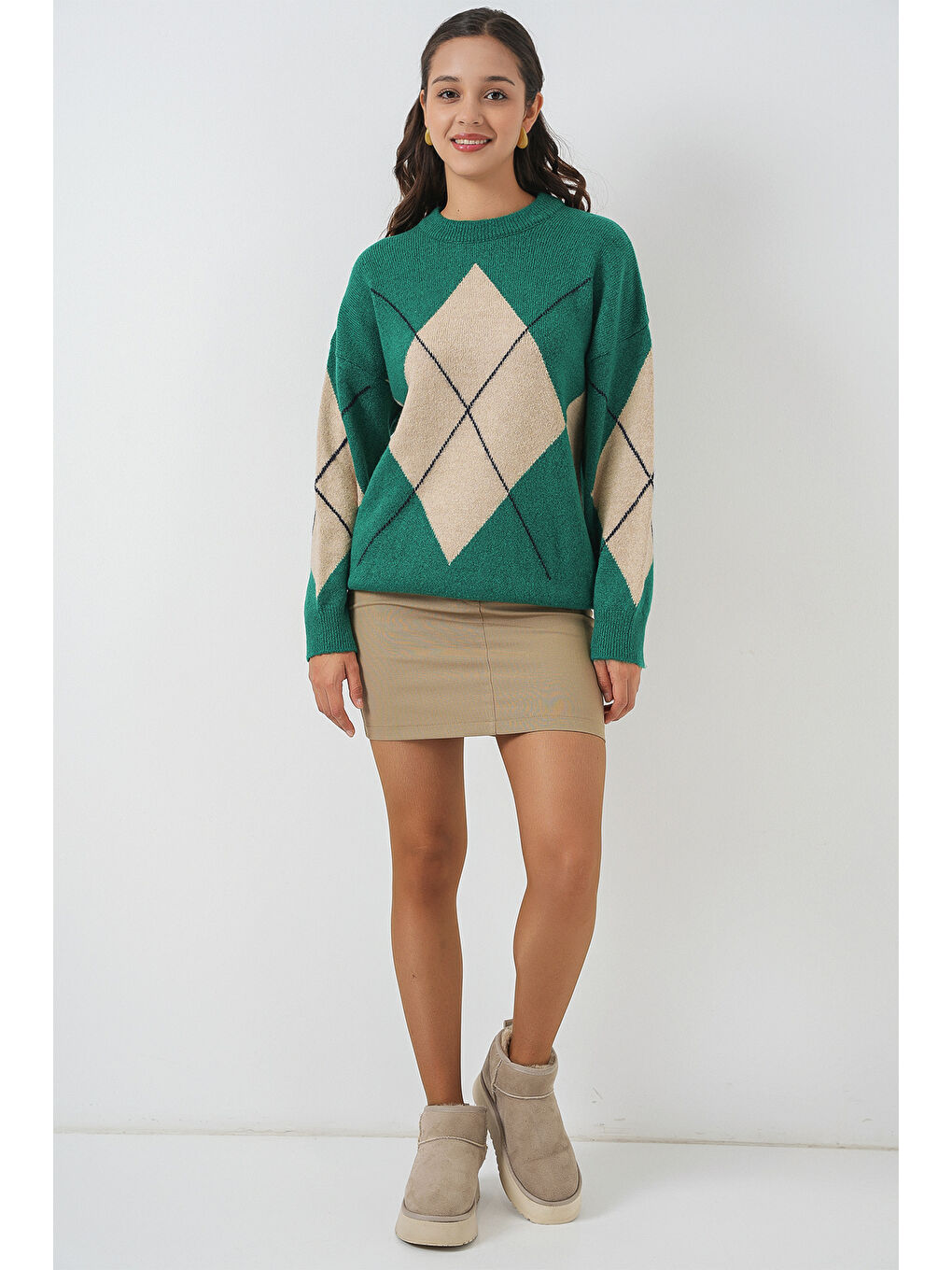 Yeşil 15895 Baklava Desenli Oversize Triko Kazak - Y.Zümrüt-1