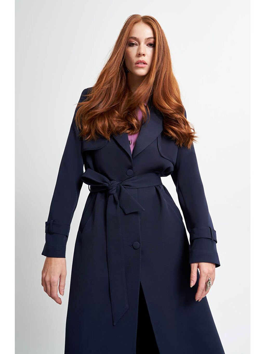 Basic Double Lacivert Trençkot-3