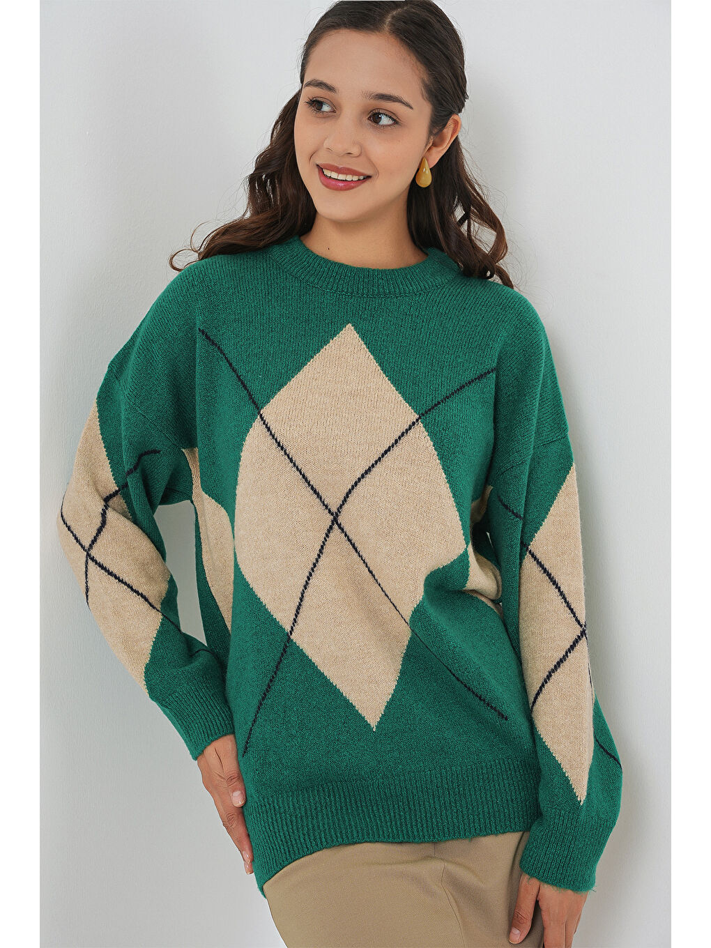 Yeşil 15895 Baklava Desenli Oversize Triko Kazak - Y.Zümrüt-2