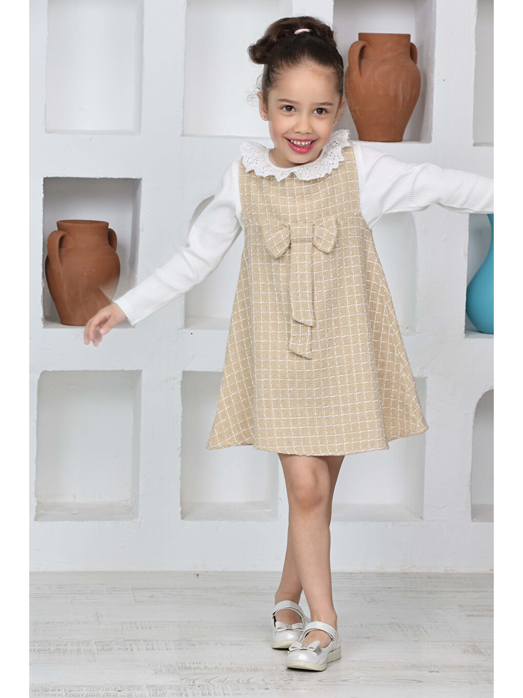 Ekru Kız Çocuk Şanel Kumaş 2'li Elbise (Elbise+Bady Bluz)12174-1