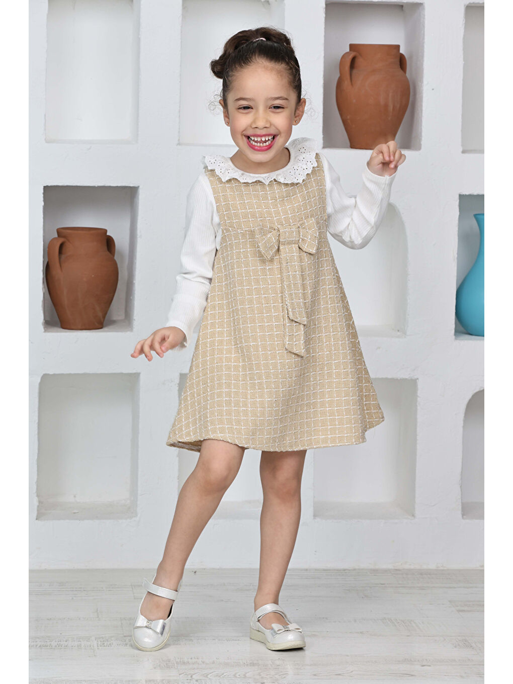 Ekru Kız Çocuk Şanel Kumaş 2'li Elbise (Elbise+Bady Bluz)12174-2