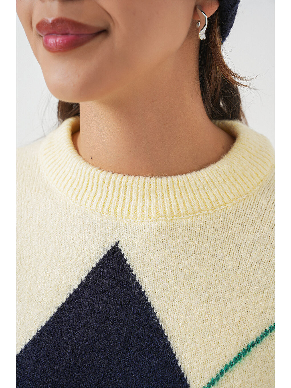 15895 Baklava Desenli Oversize Triko Kazak - B.Sarı-4