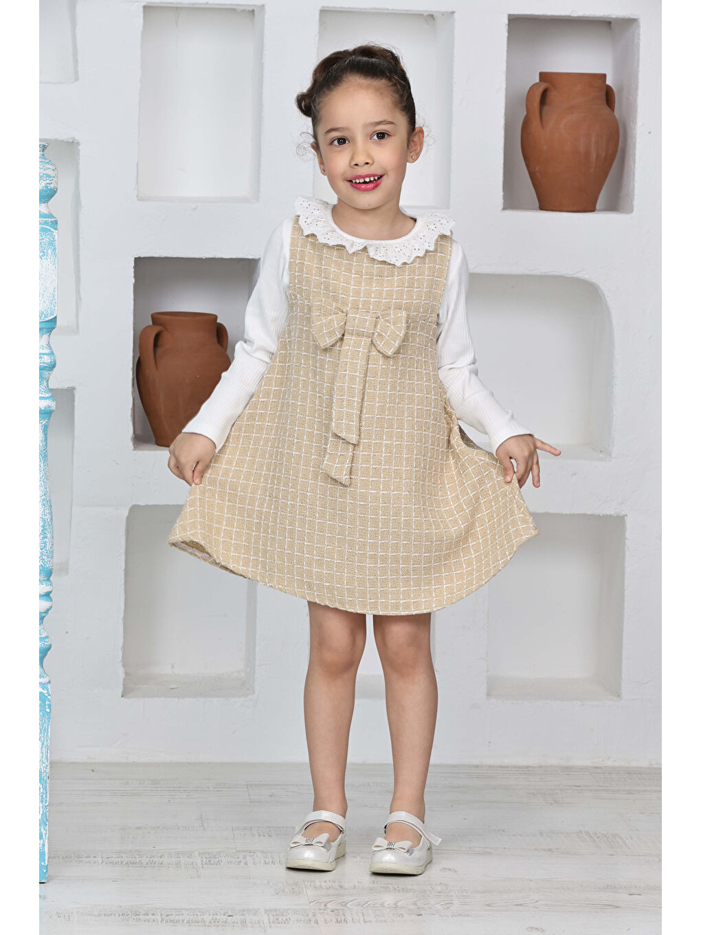 Ekru Kız Çocuk Şanel Kumaş 2'li Elbise (Elbise+Bady Bluz)12174-3