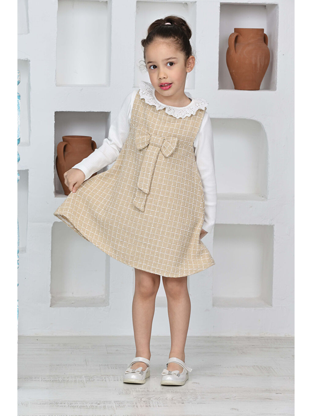 Ekru Kız Çocuk Şanel Kumaş 2'li Elbise (Elbise+Bady Bluz)12174-4