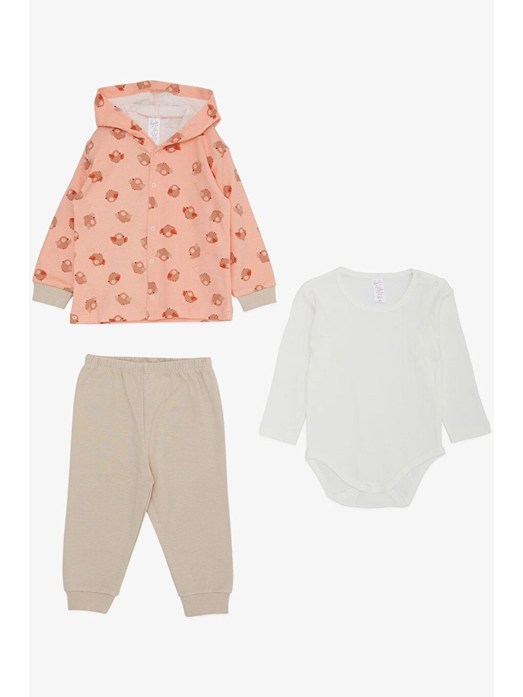 Pembe Kız Bebek Zıbınlı 3 Lü Takım Sevimli Kuş Desenli Somon (4 Ay-1 Yaş)