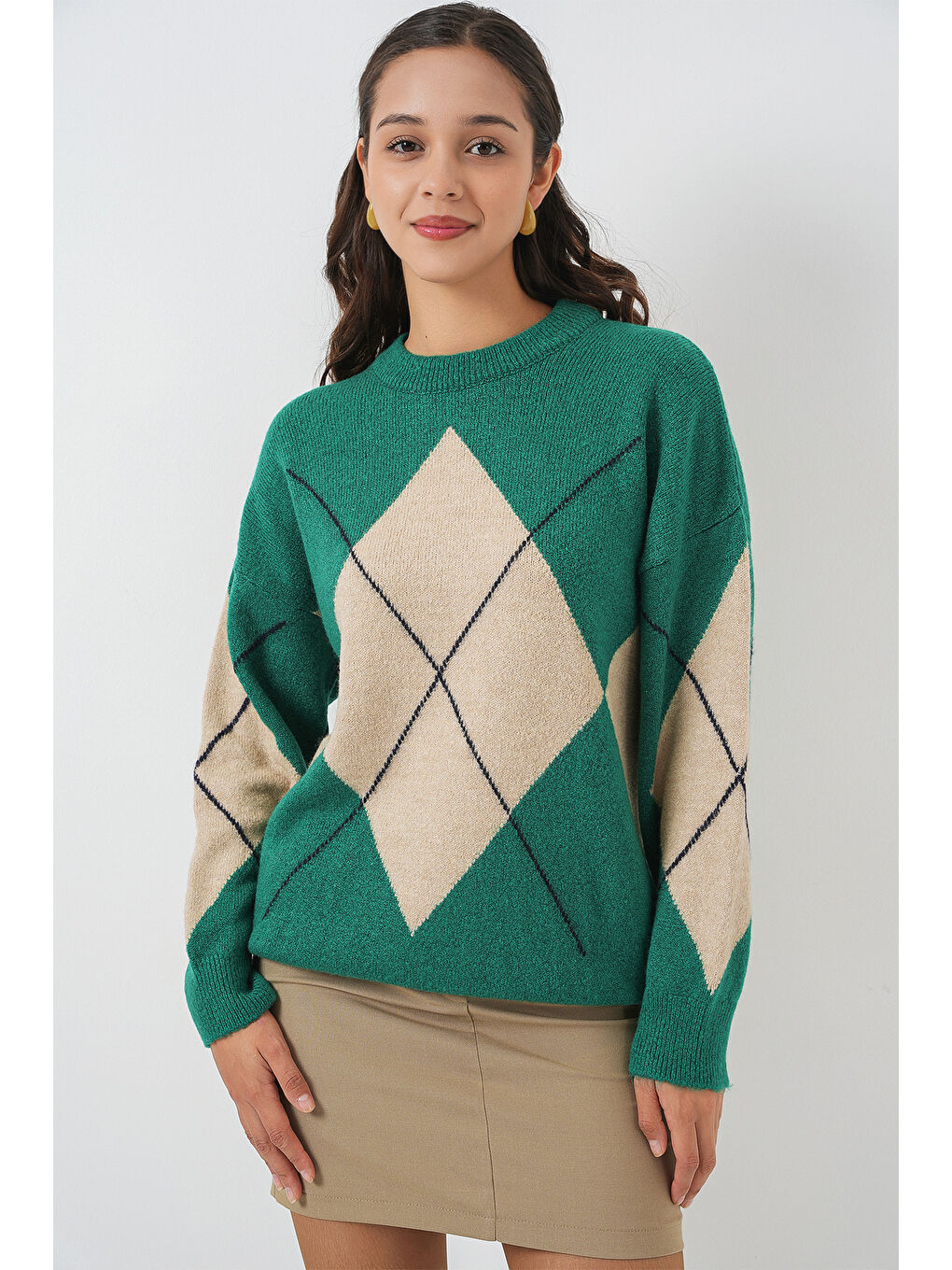 Yeşil 15895 Baklava Desenli Oversize Triko Kazak - Y.Zümrüt-3