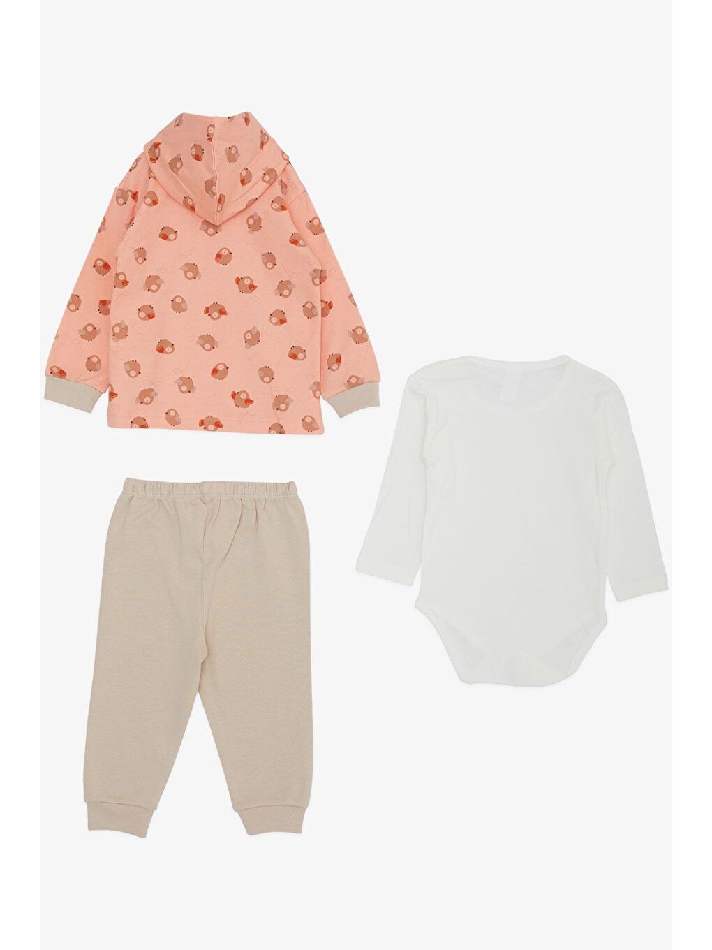 Pembe Kız Bebek Zıbınlı 3 Lü Takım Sevimli Kuş Desenli Somon (4 Ay-1 Yaş)-1