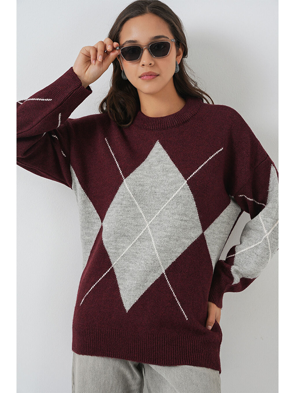 15895 Baklava Desenli Oversize Triko Kazak - Y.Bordo