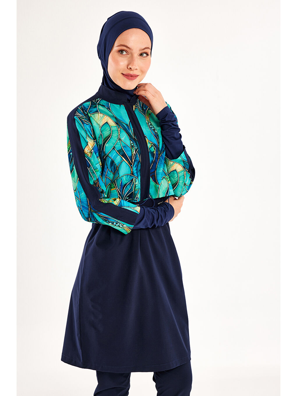 Spor Elastan Tam Kapalı Tesettür Mayo 1216 Koyu Lacivert-4