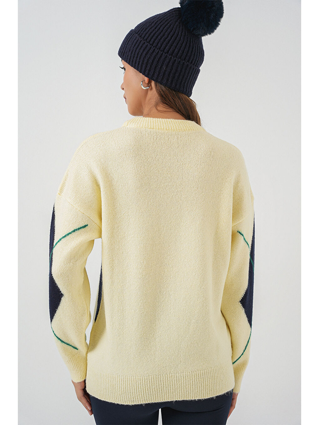 15895 Baklava Desenli Oversize Triko Kazak - B.Sarı-5