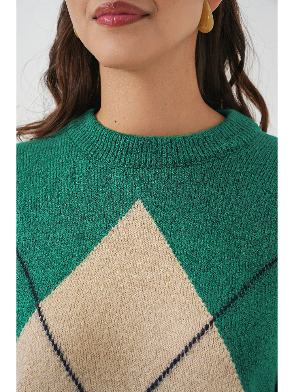 Yeşil 15895 Baklava Desenli Oversize Triko Kazak - Y.Zümrüt-4