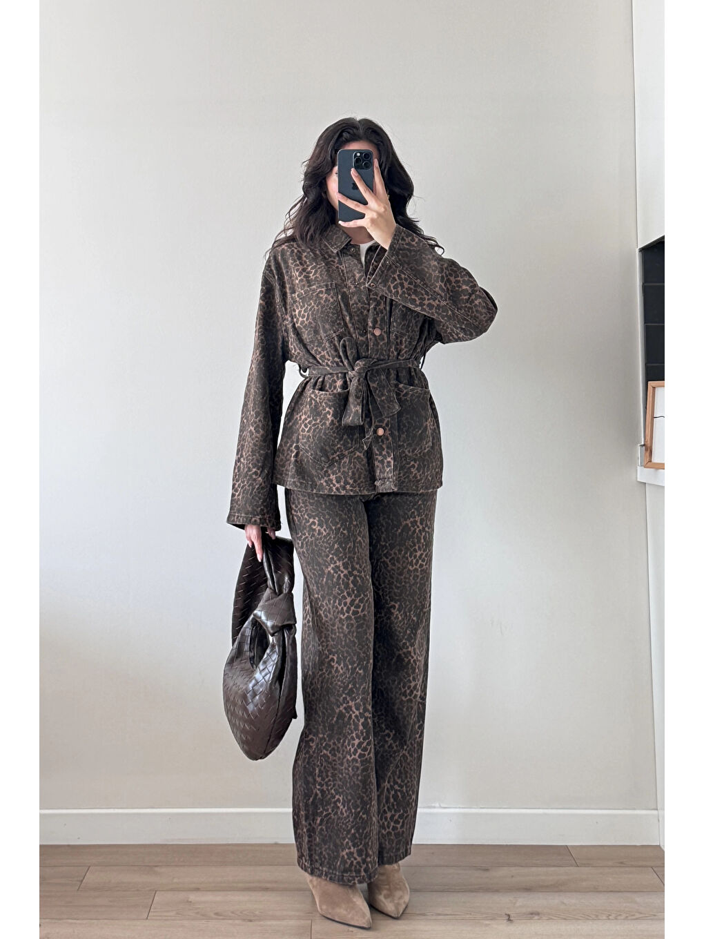 Kahverengi Kadın Kahve Leopar Jean Pantolon 240248-2