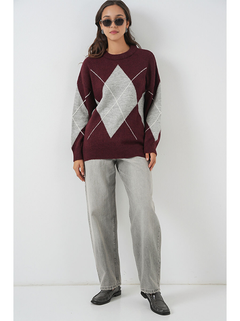 15895 Baklava Desenli Oversize Triko Kazak - Y.Bordo-1