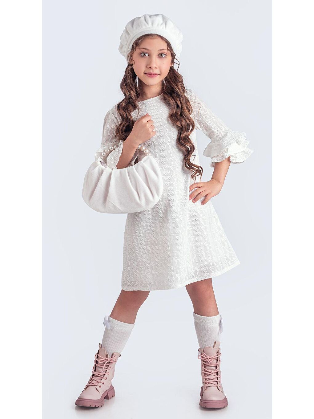 Beyaz Miss Clarice Kız Çocuk Fransız Bere, Çanta, Çorap Ve Elbise Takım M00704