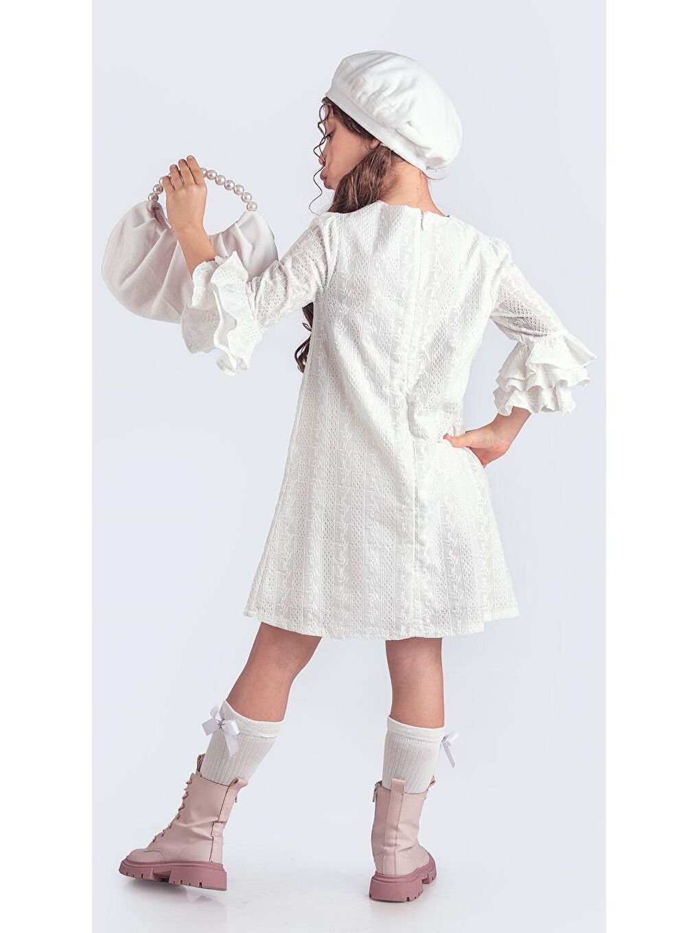 Beyaz Miss Clarice Kız Çocuk Fransız Bere, Çanta, Çorap Ve Elbise Takım M00704-5