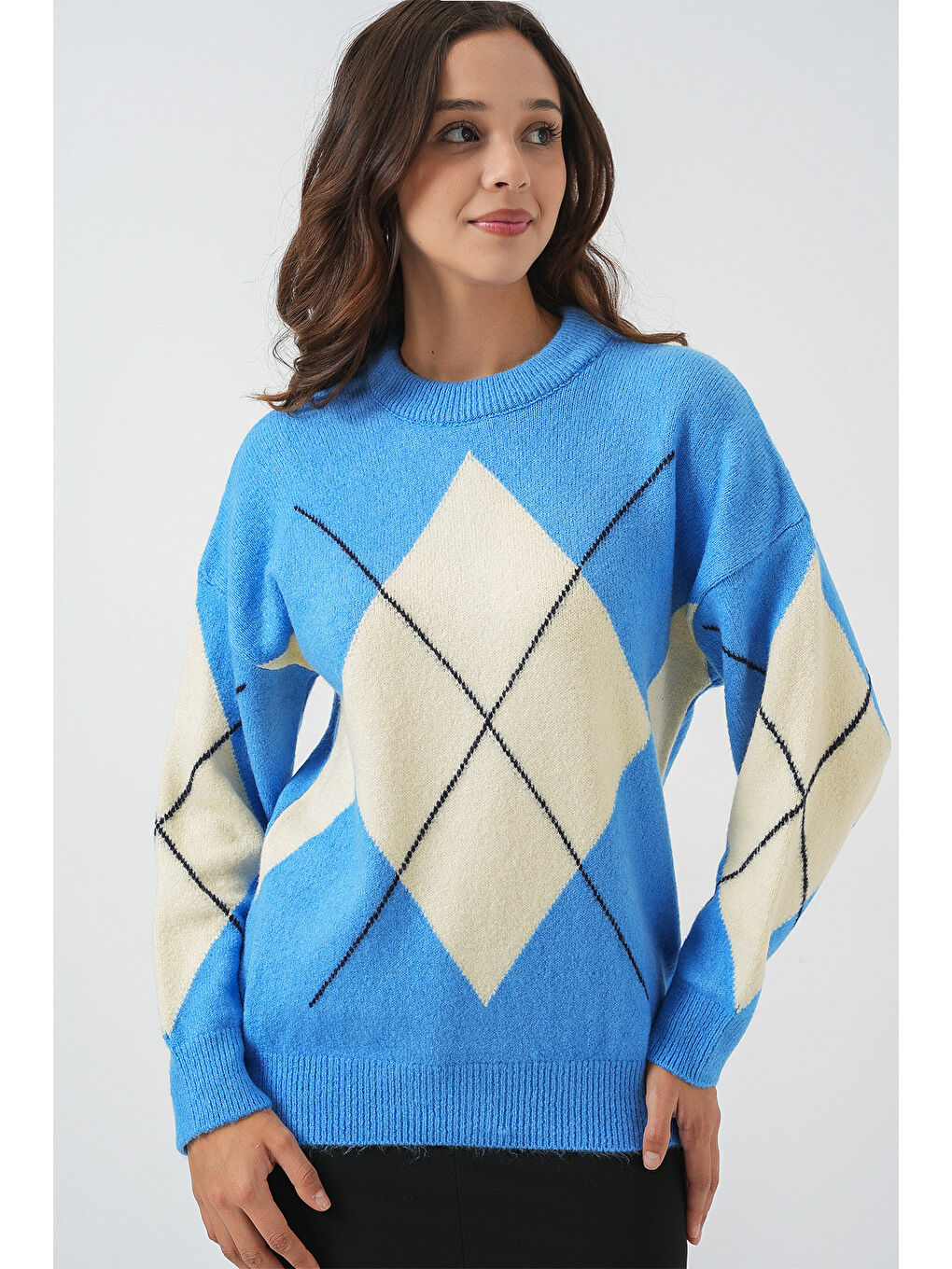 15895 Baklava Desenli Oversize Triko Kazak - Mavi