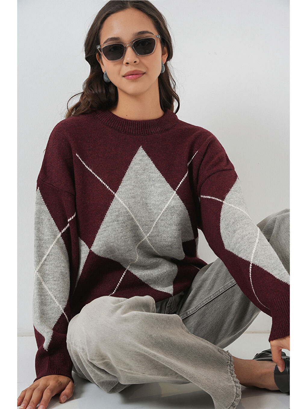 15895 Baklava Desenli Oversize Triko Kazak - Y.Bordo-2