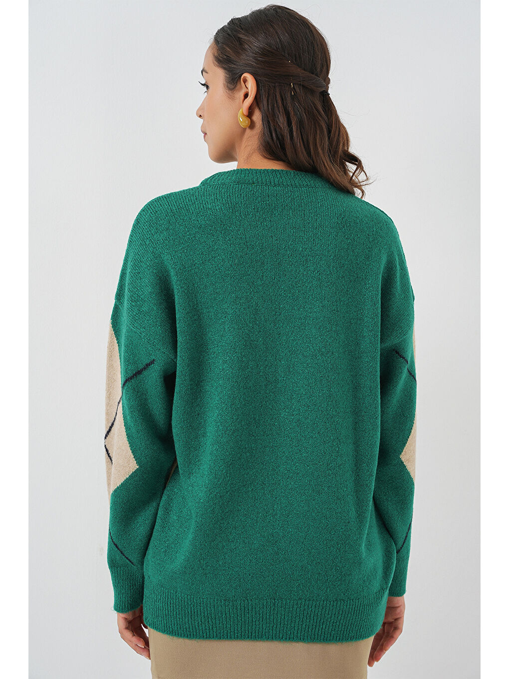 Yeşil 15895 Baklava Desenli Oversize Triko Kazak - Y.Zümrüt-5