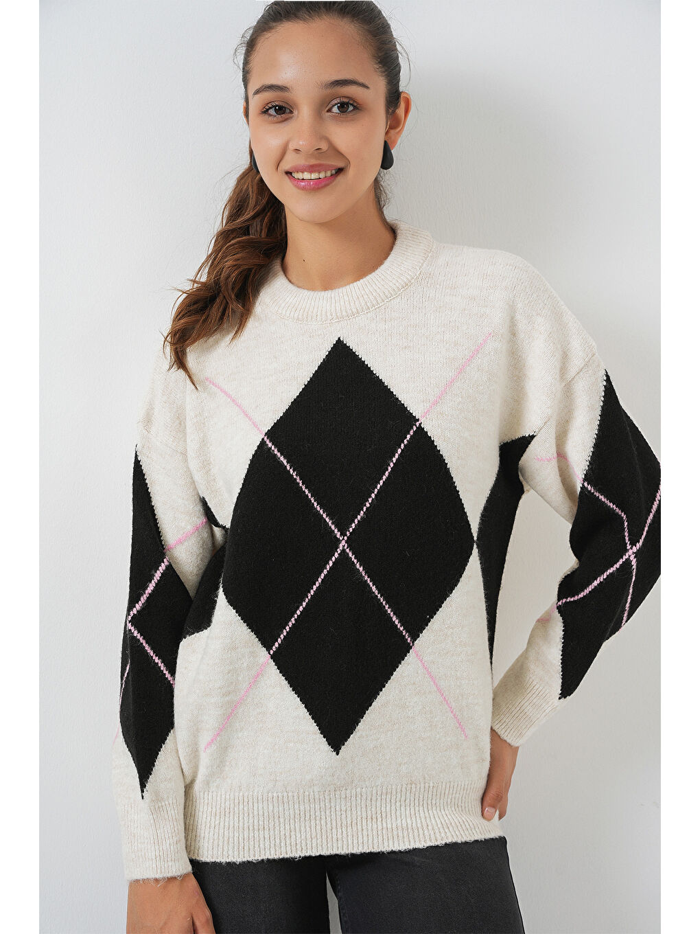 15895 Baklava Desenli Oversize Triko Kazak - T. Ekru