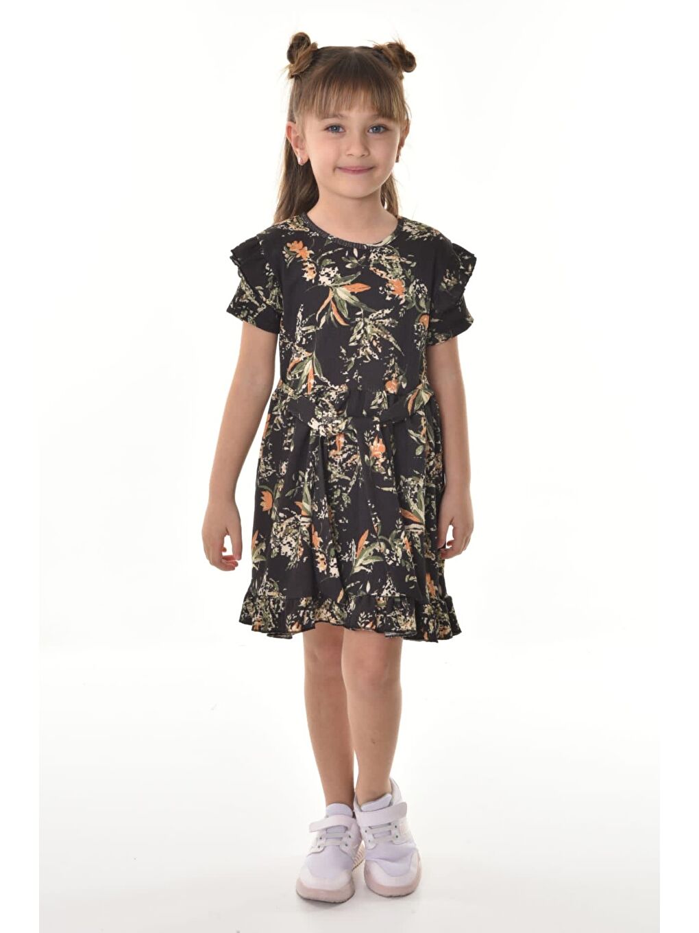 Siyah Fırfırlı Kız Çocuk Dokuma Kumaş Tiril Elbise MNK0503-3
