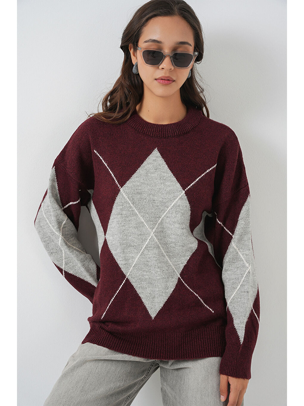 15895 Baklava Desenli Oversize Triko Kazak - Y.Bordo-3