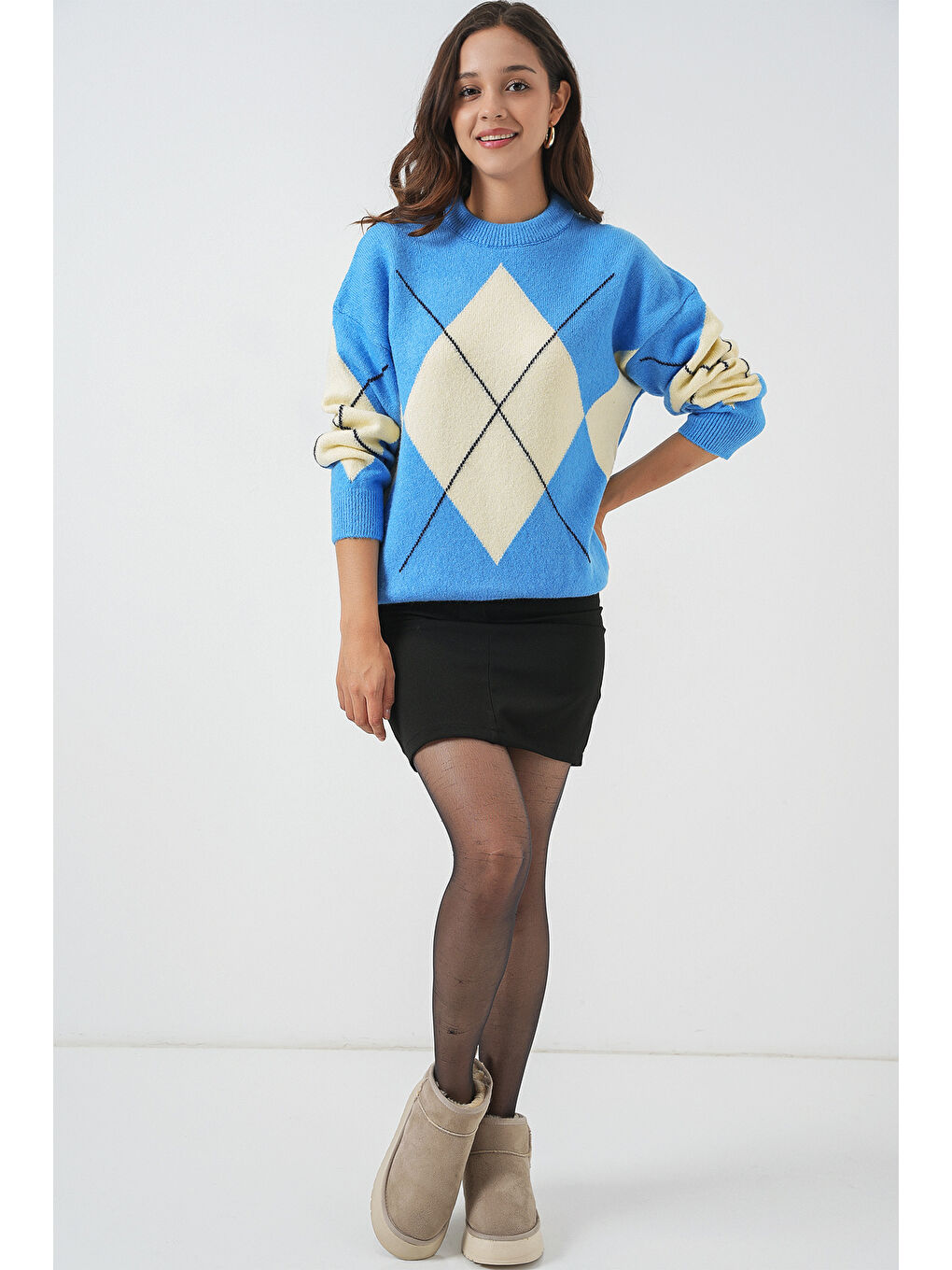 15895 Baklava Desenli Oversize Triko Kazak - Mavi-1