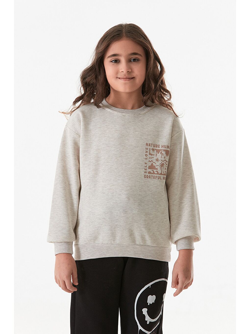 Bej 3 İplik Önü Ve Arkası Baskılı Kız Çocuk Sweatshirt