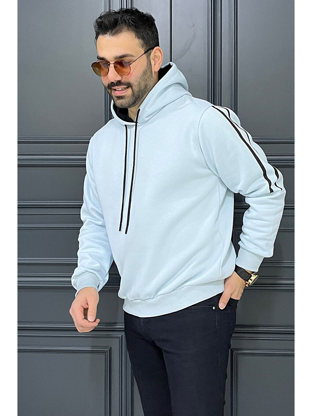 Mishar İtalia Mavi Üç İplik Şardonlu Kapüşonlu Erkek Sweatshirt - 1