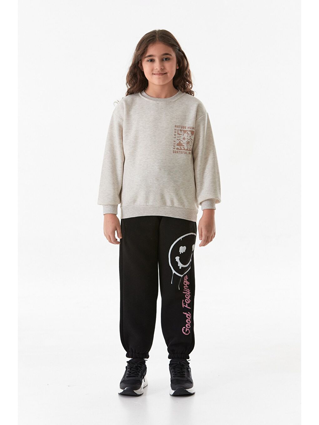 Bej 3 İplik Önü Ve Arkası Baskılı Kız Çocuk Sweatshirt-1