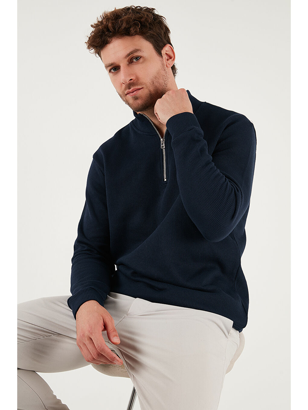 Lacivert Pamuklu Relaxed Fit Yarım Fermuarlı Sıfır Yaka Örme Sweat 5901076