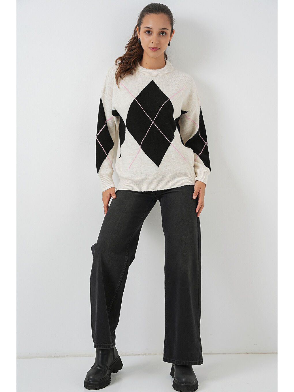 15895 Baklava Desenli Oversize Triko Kazak - T. Ekru-1