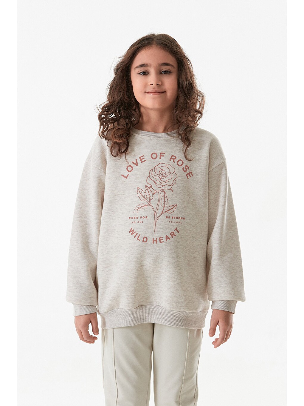 Bej 3 İplik Yazı Baskılı Bisiklet Yaka Kız Çocuk Sweatshirt