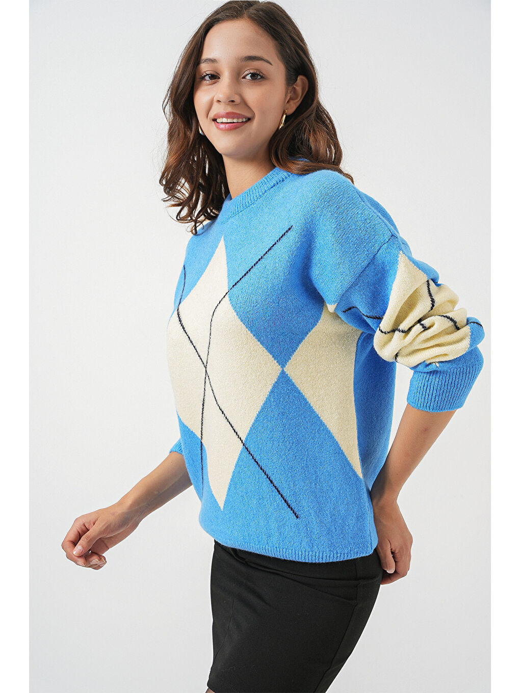 15895 Baklava Desenli Oversize Triko Kazak - Mavi-2