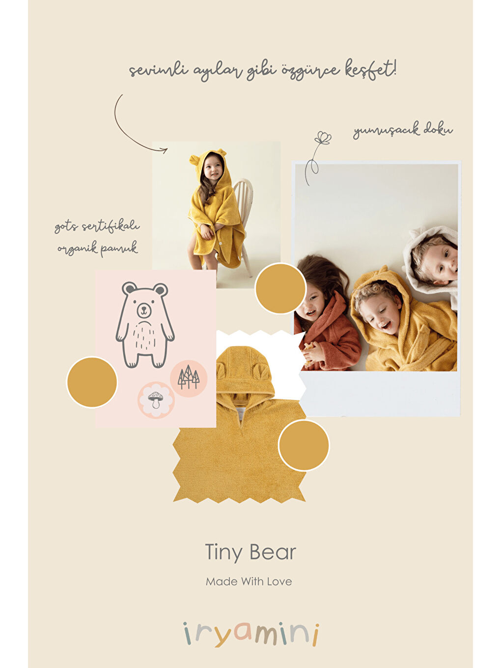 Kahverengi Tiny Bear Organik Pamuk Çocuk Panço Hardal-3