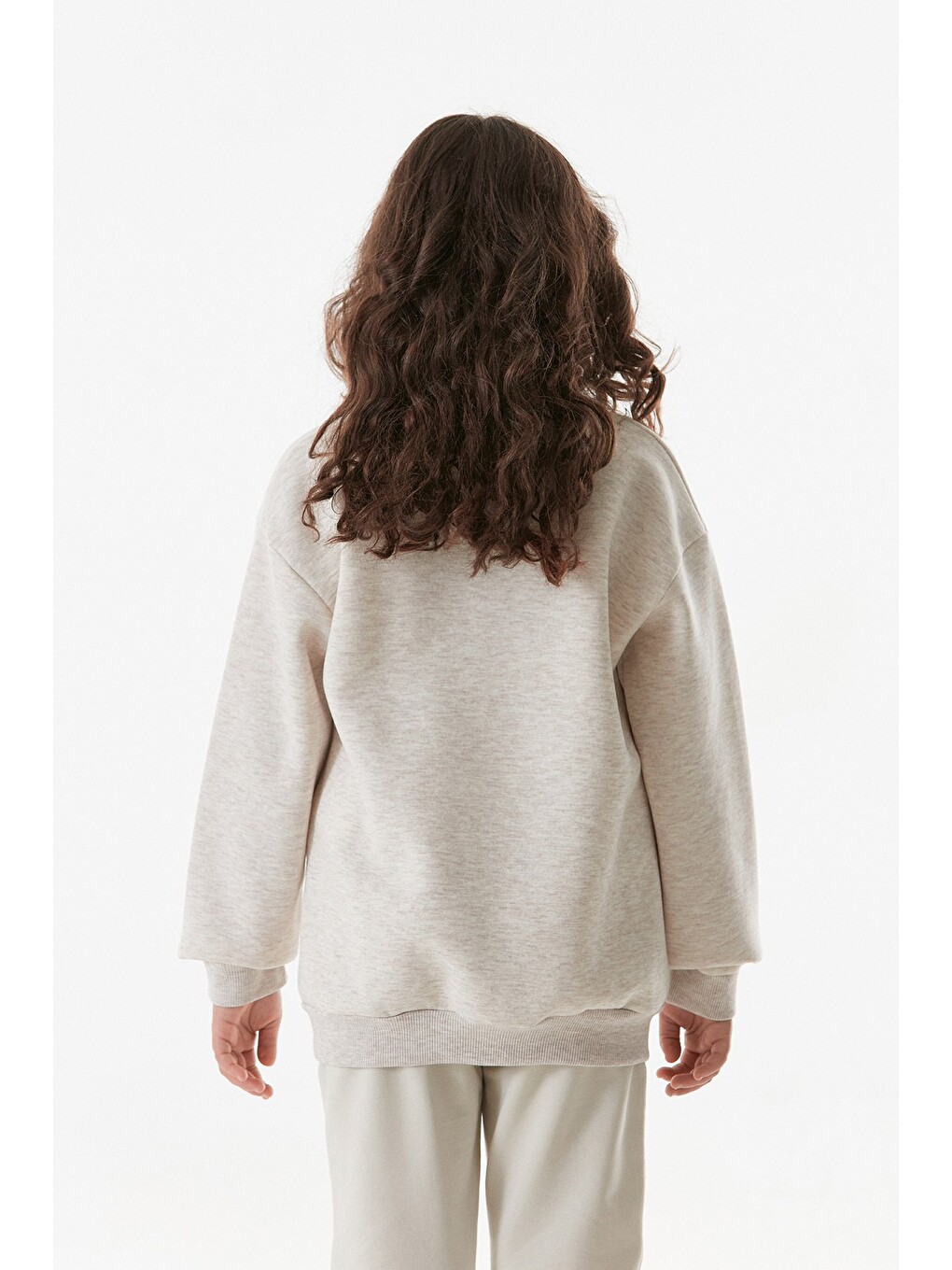 Bej 3 İplik Yazı Baskılı Bisiklet Yaka Kız Çocuk Sweatshirt-2