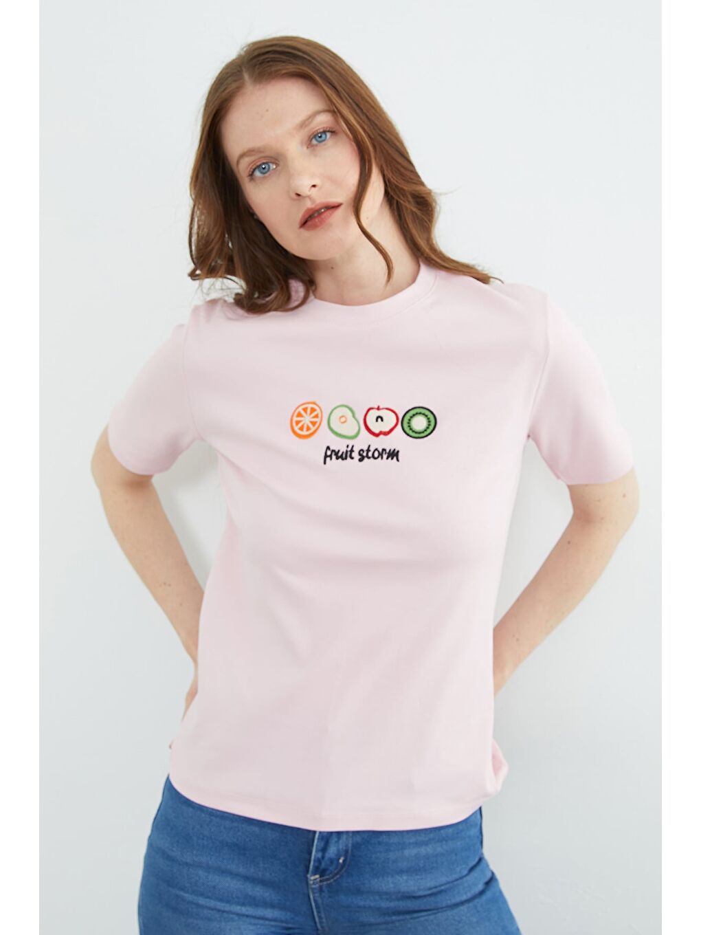 Pembe Meyve Nakışlı Bisiklet Yaka Tişört-4